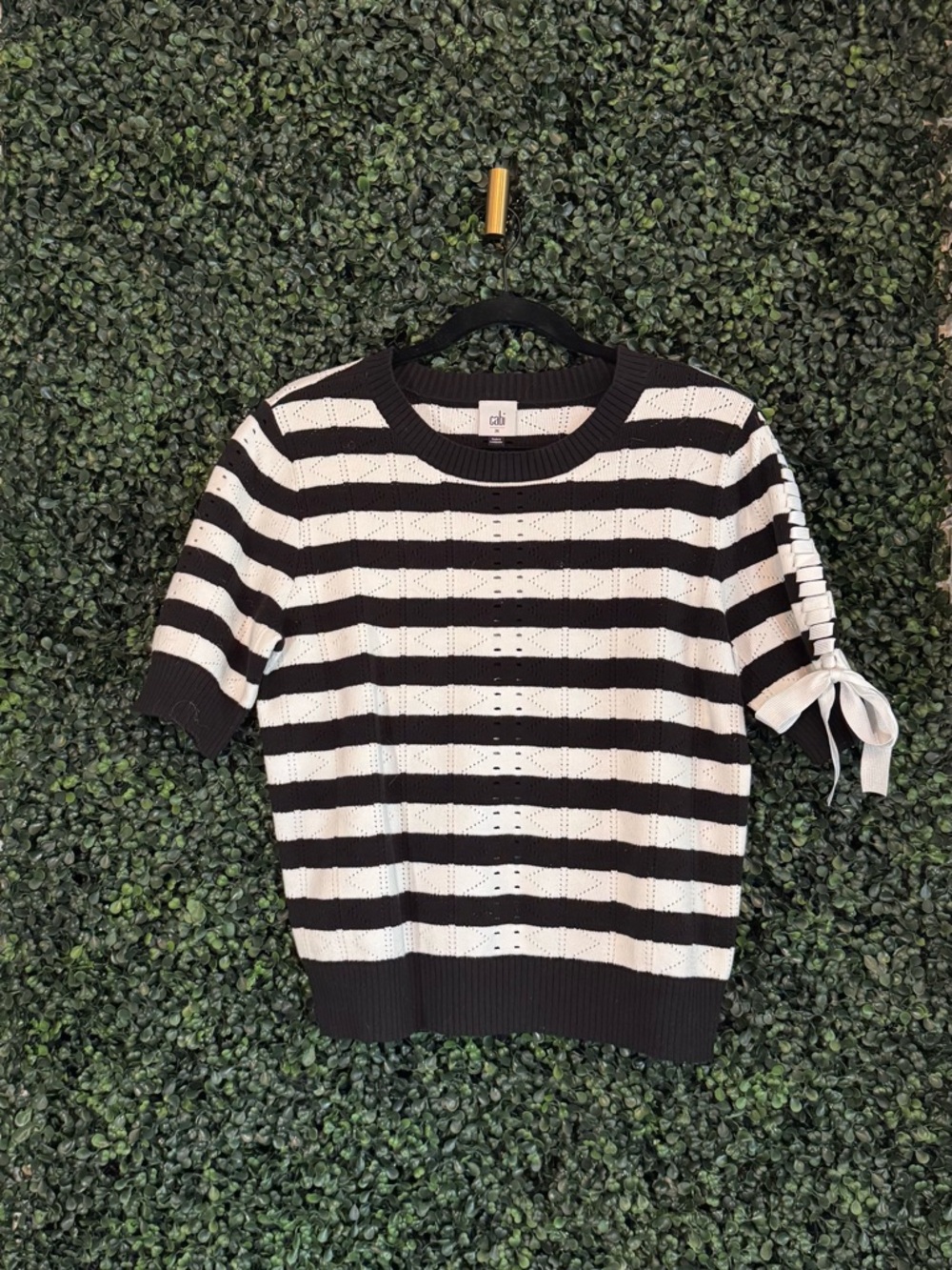 CAbi Black & White Striped Short-Sleeve Sweater with Side Tie